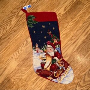 Needlepoint Holiday Christmas Stocking Santa in Sleigh w Red‎ Velveteen Backing